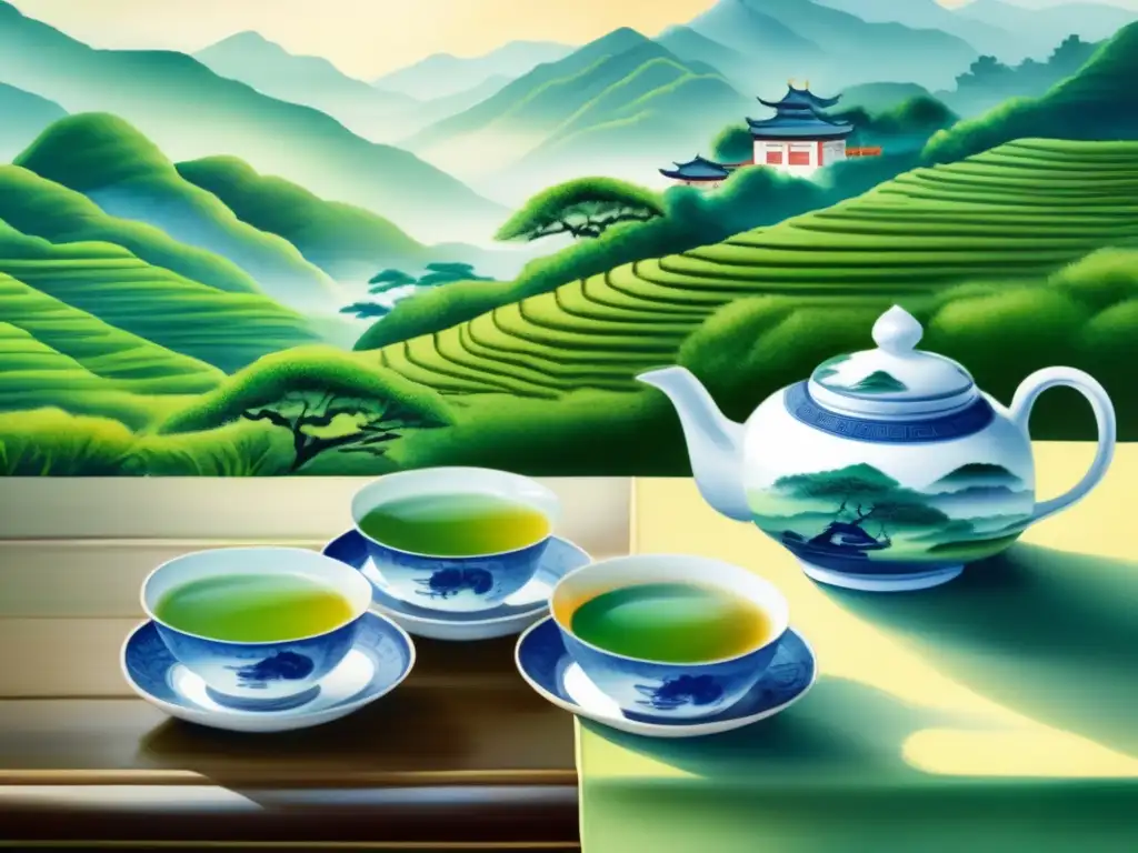 Paisaje sereno de China: plantación de té verde chino en colinas y montañas brumosas; maestro del té sirviendo con delicadeza