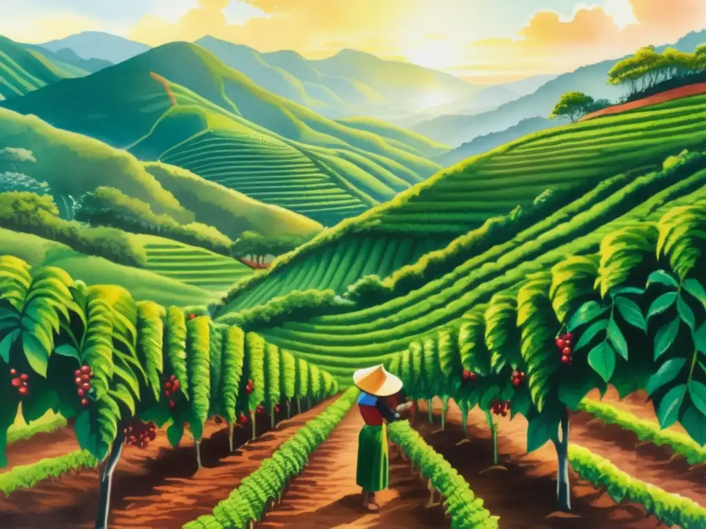 Pintura acuarela detallada de plantación de café en la montaña - Historia y uso culinario del café