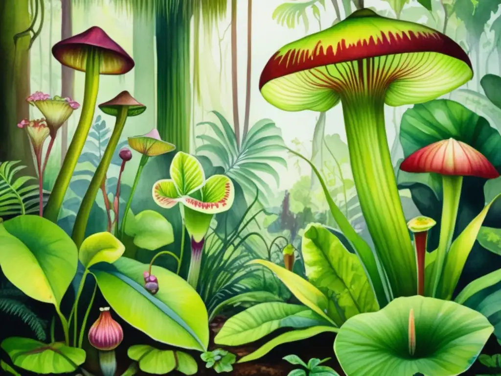 Pintura acuarela de una exuberante selva tropical con plantas carnívoras raras y fascinantes