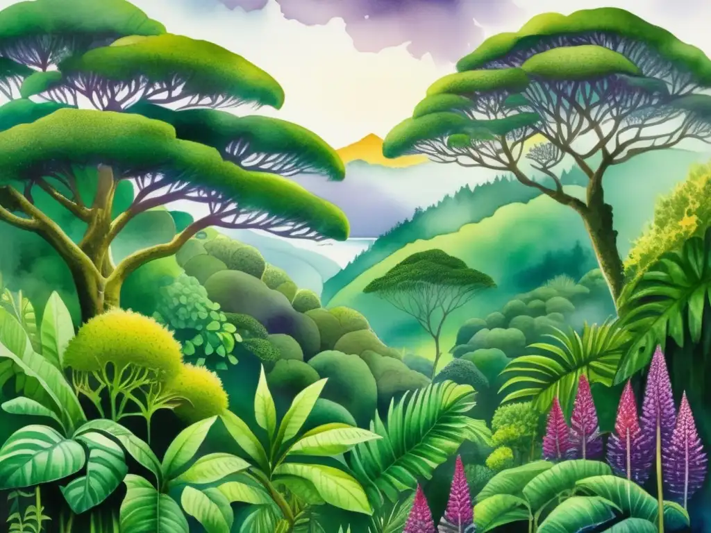 Usos y simbolismo de plantas maoríes: pintura acuarela exquisita de un bosque exuberante, capturando la esencia de la cultura maorí antigua