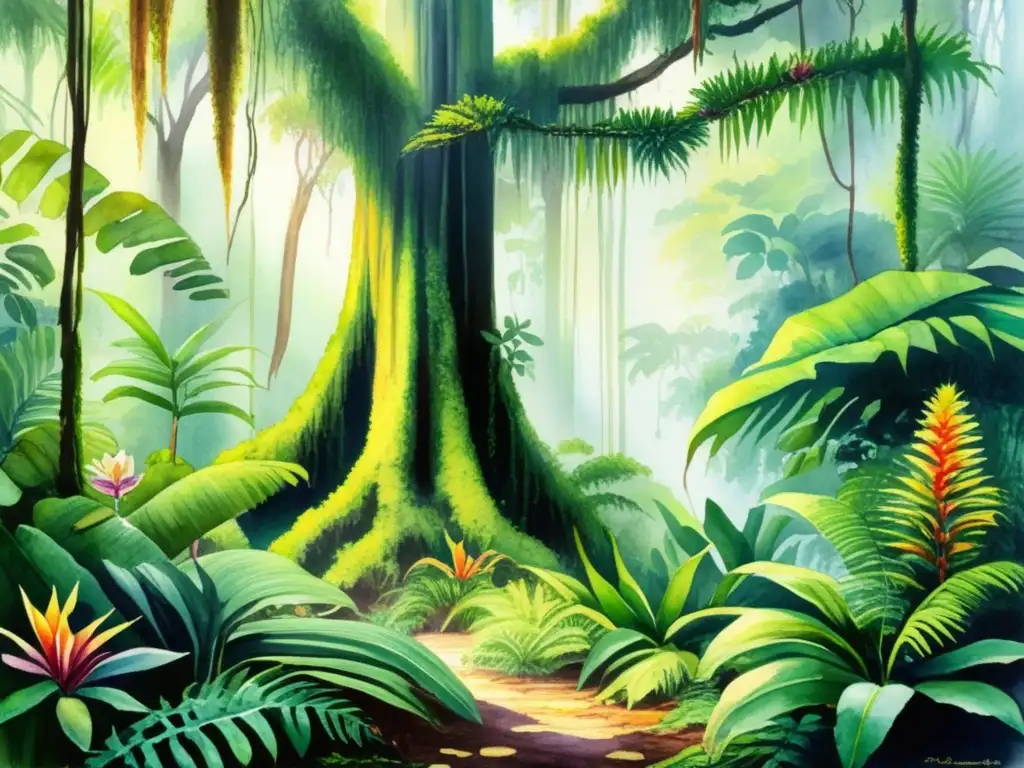 Pintura acuarela vibrante de una exuberante selva tropical en Asia