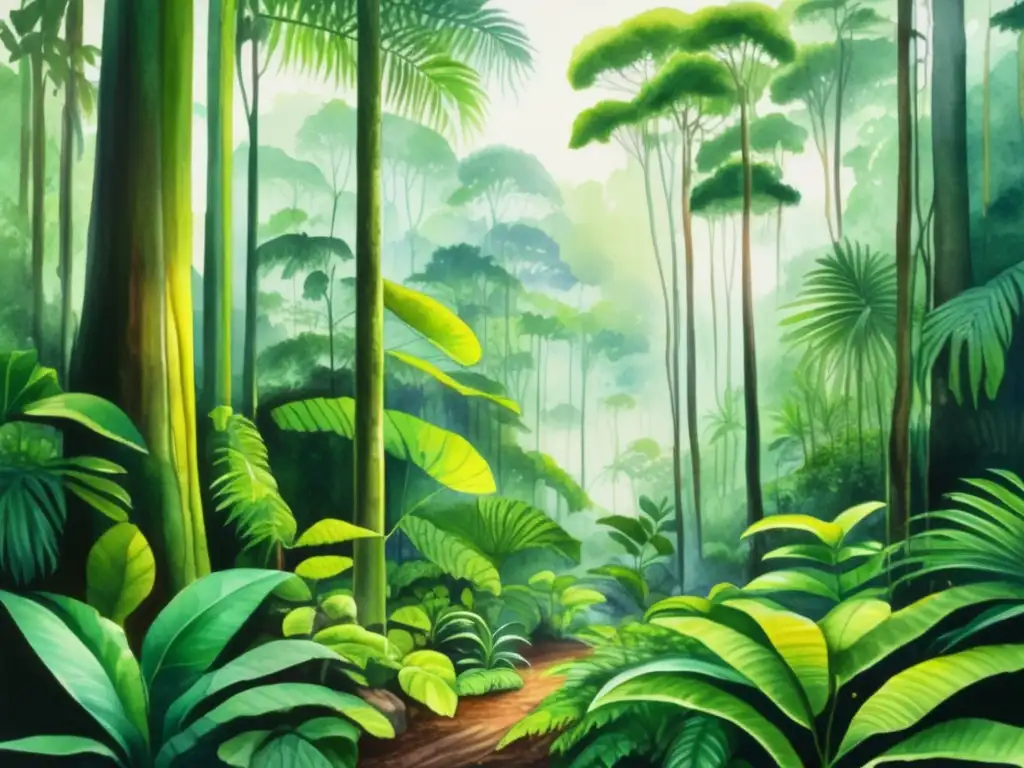 Pintura acuarela de la exuberante selva de Borneo, con especies endémicas y biodiversidad