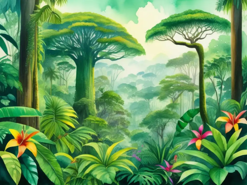 Pintura acuarela de una exuberante selva tropical con plantas en peligro y cascada