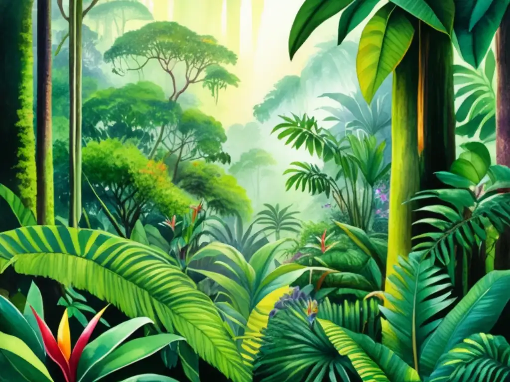 Pintura acuarela detallada de selva tropical con adaptaciones de plantas tropicales