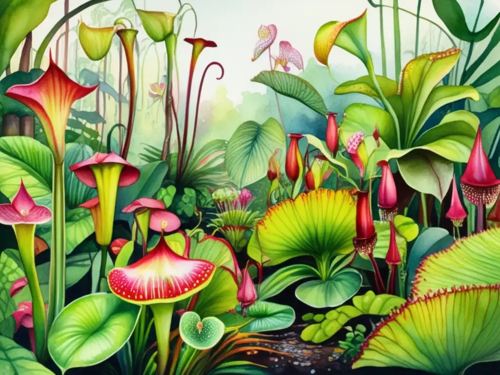 Pintura acuarela de selva tropical con plantas carnívoras - Mitos sobre plantas carnívoras