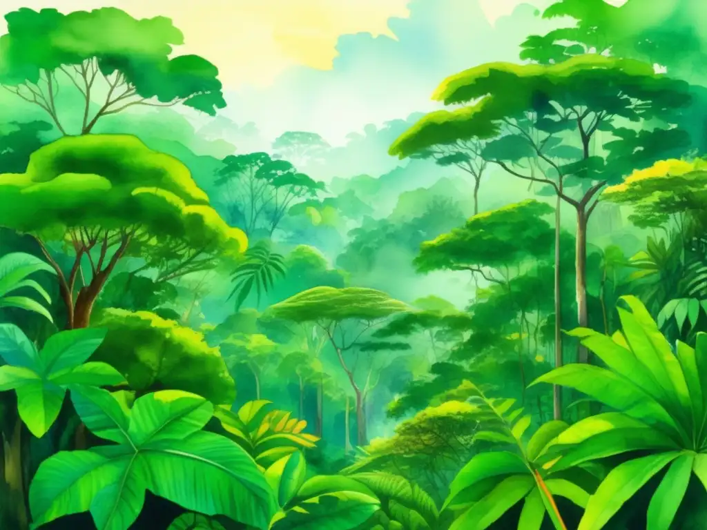 Pintura detallada de una exuberante selva tropical en el corazón del Amazonas con plantas medicinales selvas tropicales