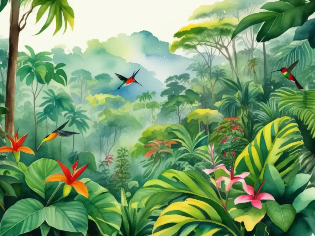 Pintura acuarela de selva tropical con plantas tropicales América Latina