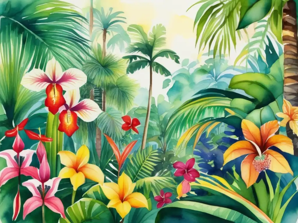 Pintura acuarela plantas tropicales América Latina