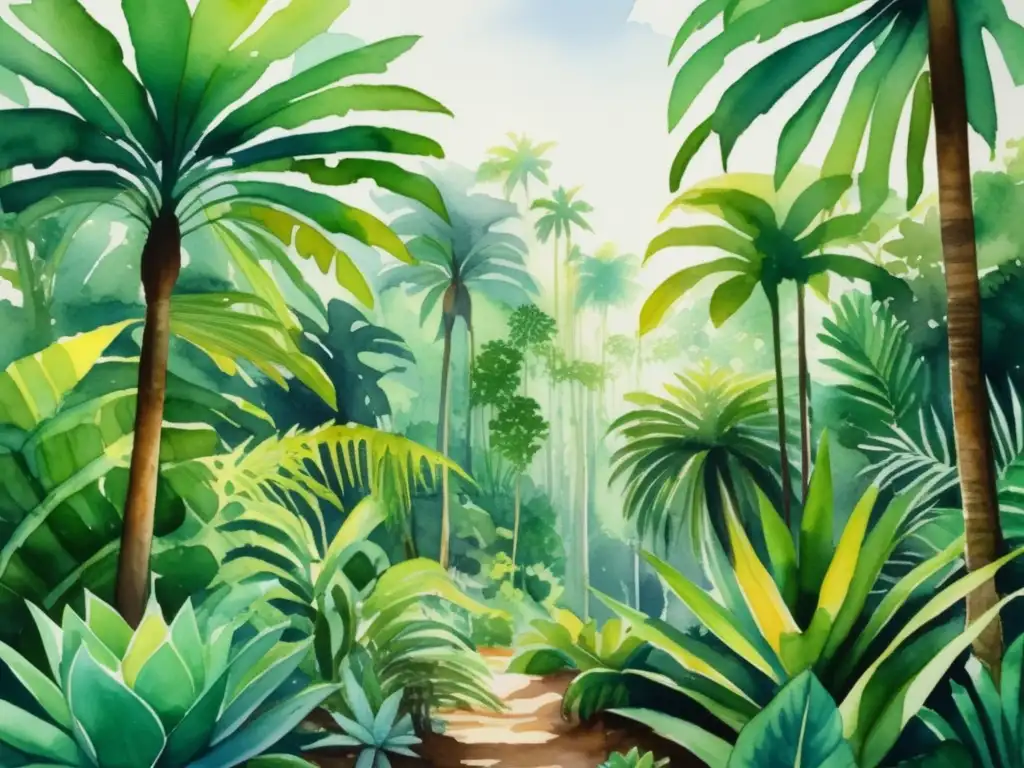 Pintura acuarela: Selva tropical vibrante con hojas, palmeras y adaptación de plantas a climas