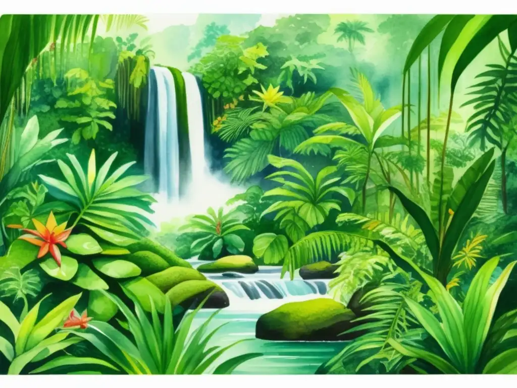 Pintura detallada de una selva tropical con plantas medicinales nativas