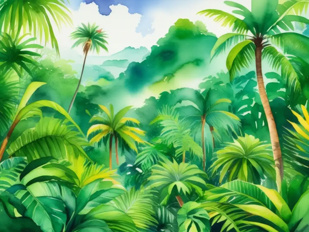 Pintura acuarela: selva tropical exuberante con plantas medicinales y tribus indígenas