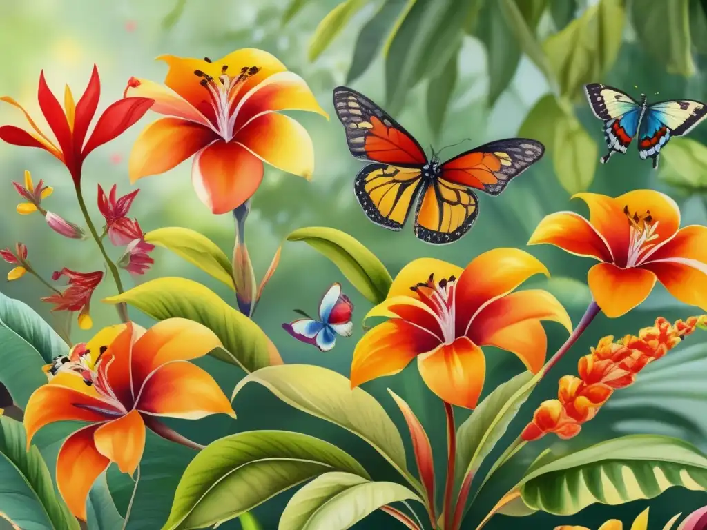 Pintura acuarela tropical: planta floreciendo, abejas, cascada; Beneficios mutualismo plantaanimal