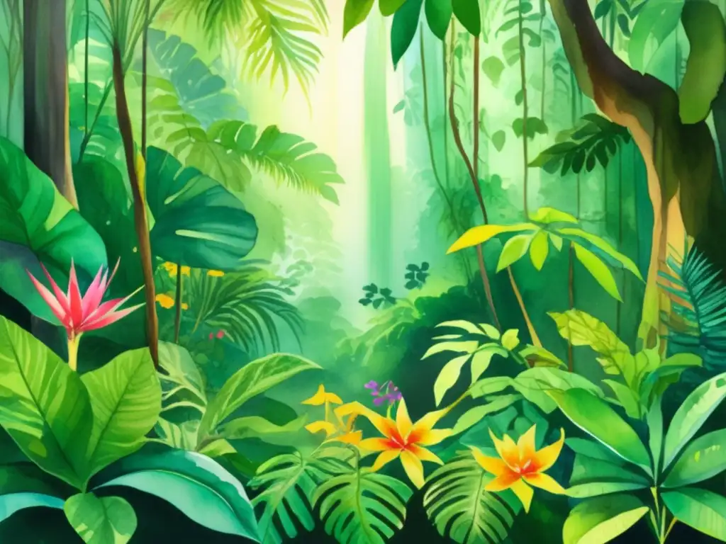 Pintura acuarela vibrante de una exuberante selva tropical con plantas medicinales alimenticias tradicionales