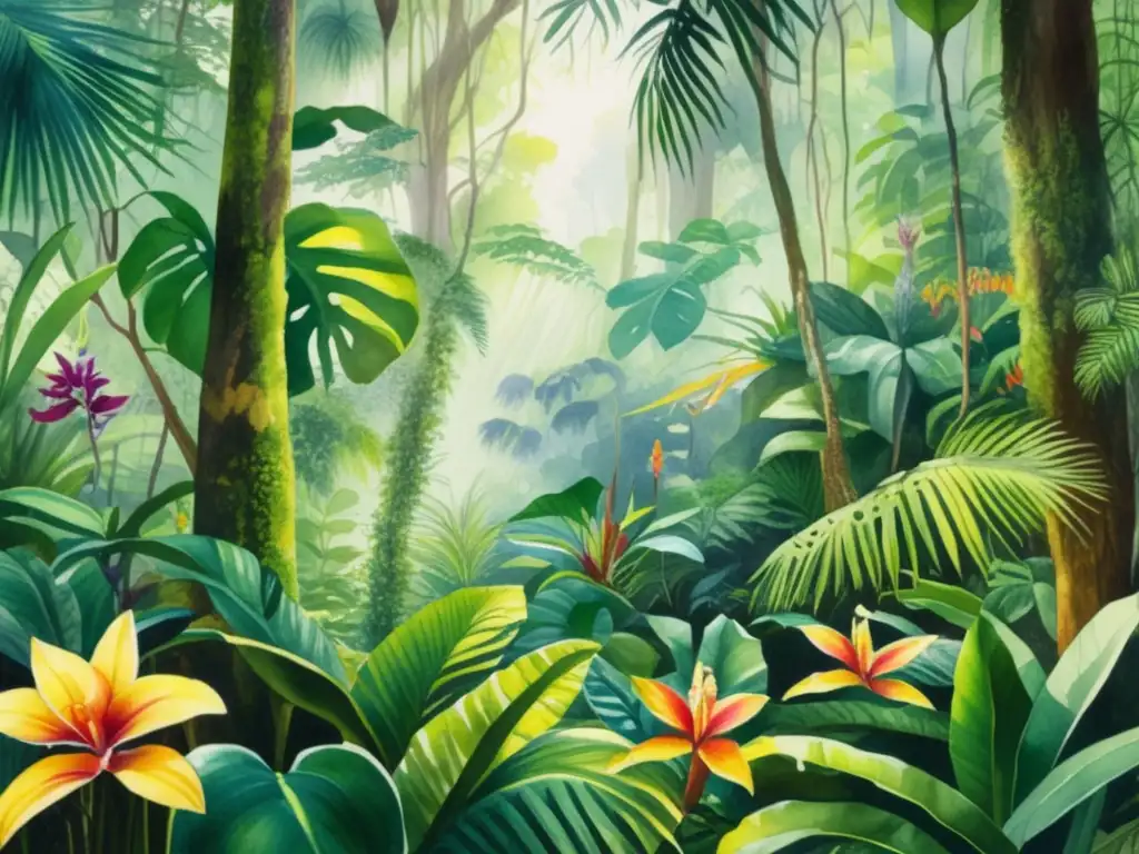 Pintura acuarela detallada de una exuberante selva tropical