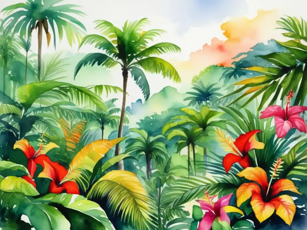 Beneficios salud plantas tropicales - Pintura acuarela vibrante de una exuberante selva tropical con variedad de plantas tropicales