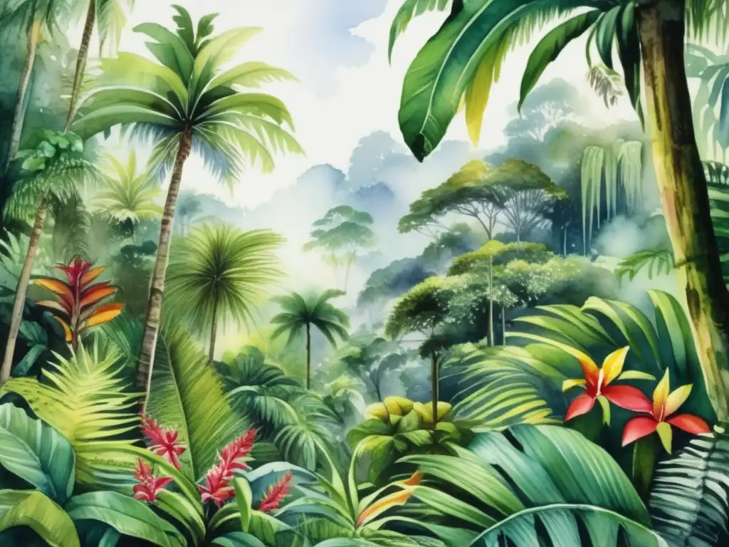 Pintura acuarela: selva tropical vibrante con adaptaciones respiratorias en plantas extremas