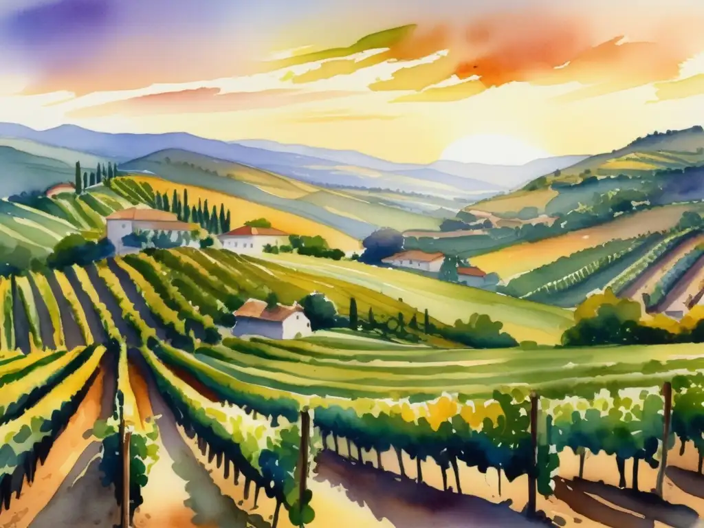Paisaje de viñedos al atardecer, resaltando la diversidad de uvas y la historia de la viticultura mundial