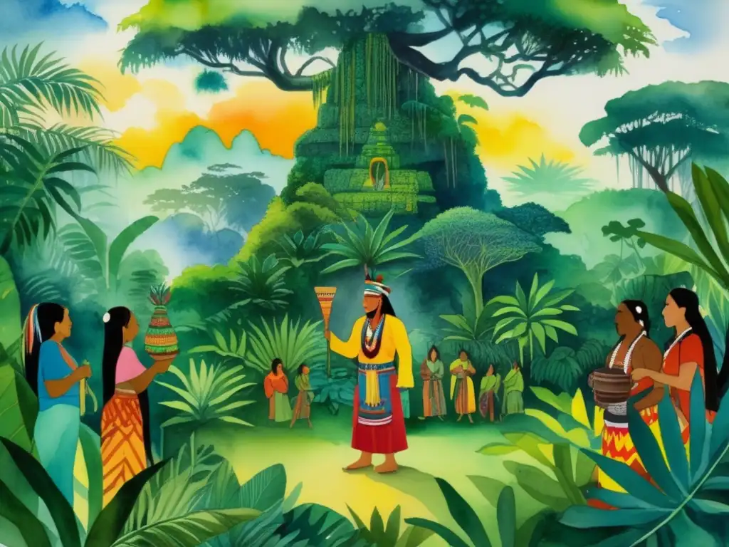 Pintura acuarela: Ritual ayahuasca, selva amazónica, plantas de poder en rituales