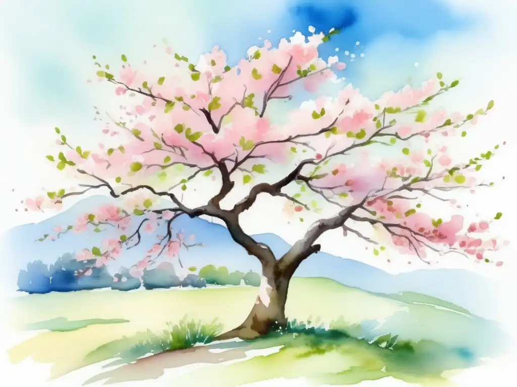 Pintura acuarela: Árbol de cerezo en flor Pintura acuarela del florecimiento de un cerezo en primavera