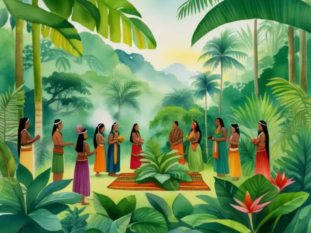 Pintura detallada de una selva tropical con indígenas en ritual