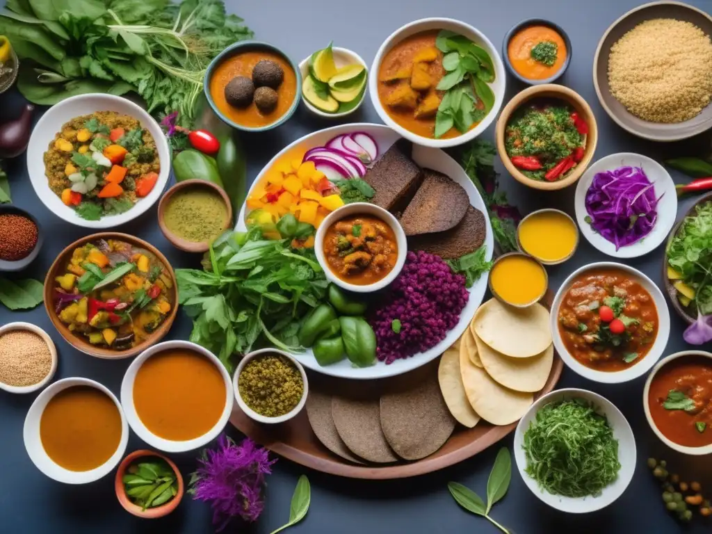 Beneficios culinarios plantas africanas- Una vibrante imagen que muestra una exquisita variedad de platos africanos hechos a base de plantas