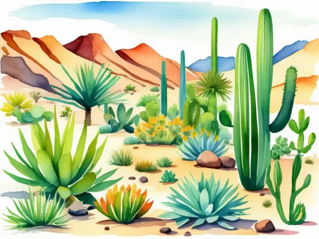 Adaptación plantas desérticas al agua: ilustración acuarela vibrante de paisaje desértico, destacando características estructurales y fisiológicas de plantas para conservar agua