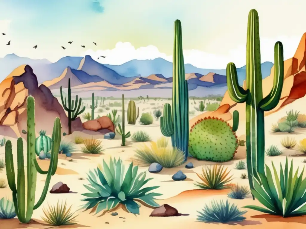 Ilustración acuarela de paisaje desértico con plantas adaptadas al clima seco y caluroso