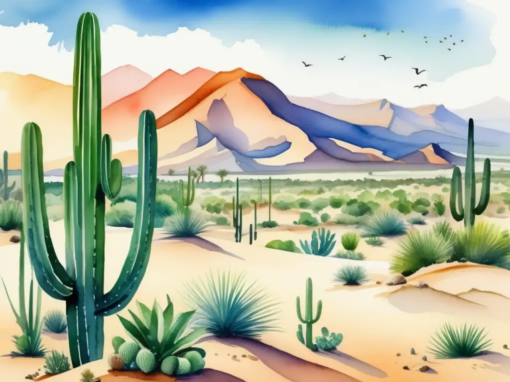 Ilustración acuarela de un impresionante paisaje desértico africano, con dunas de arena imponentes y un oasis majestuoso de cactus en primer plano