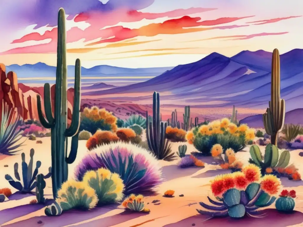 Paisaje desértico al atardecer, cacti con flores en festividades del desierto (110 caracteres)