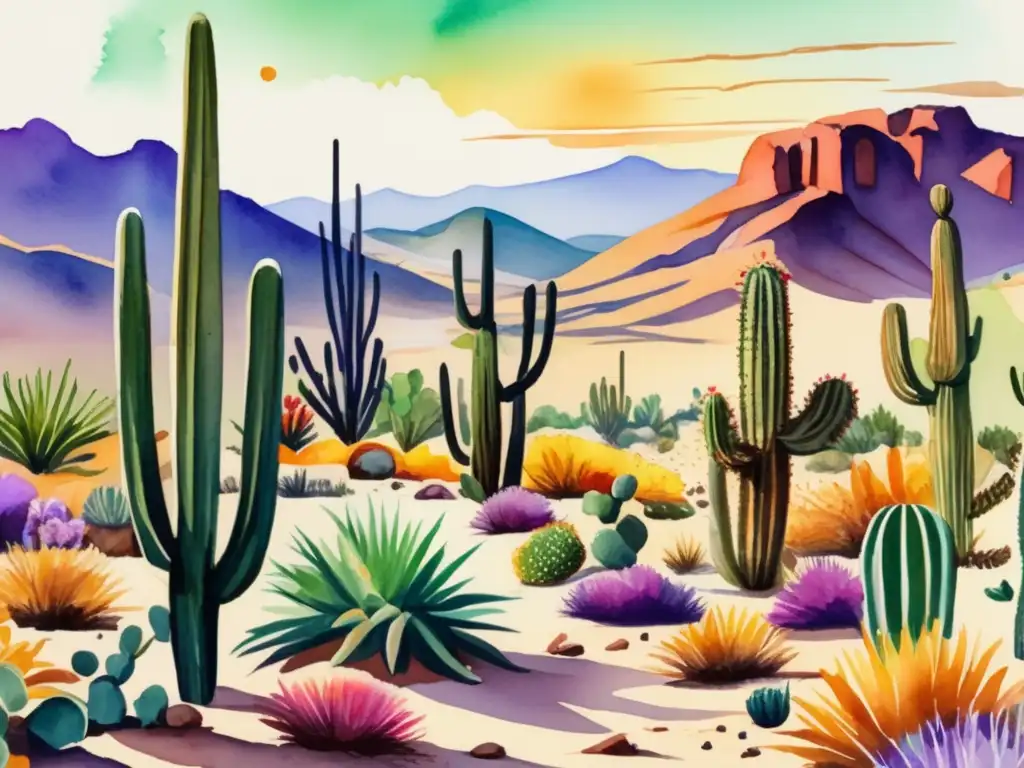 Paisaje vibrante del desierto con cactus y flores adaptadas a la radiación solar intensa