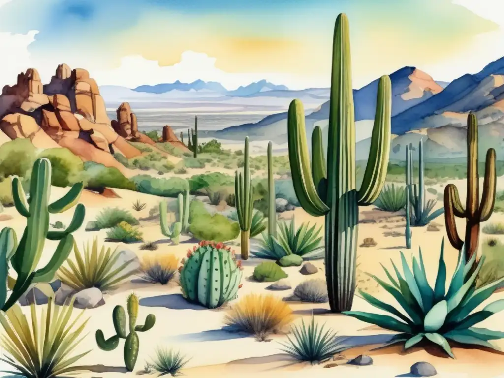 Adaptación plantas desérticas al agua: Cactus, yucas, agaves en paisaje 8K acuarela de desierto