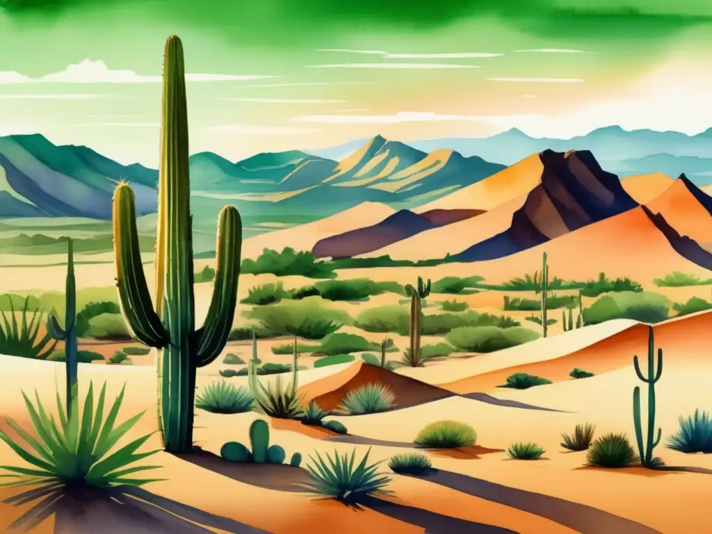 Ilustración acuarela del desierto, destaca adaptación plantas en condiciones extremas