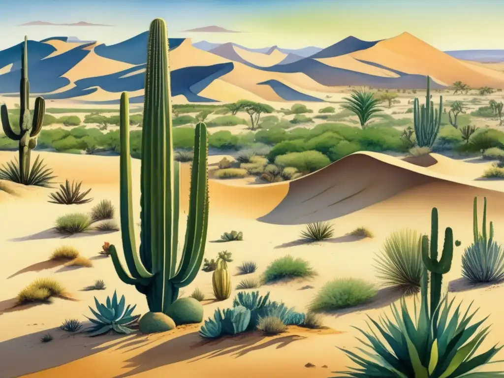 Pintura detallada de un desierto con dunas de arena y plantas adaptadas a la supervivencia en condiciones extremas