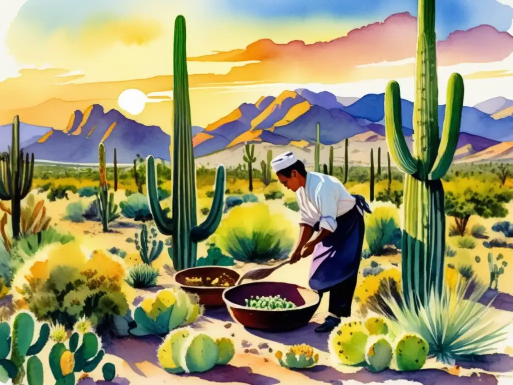 Paisaje desértico con cactus saguaro, nopales y palo verde: Usos culinarios plantas zonas áridas