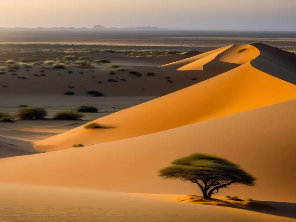 Flora del Kalahari: Características y usos - Paisaje árido con dunas doradas, vegetación escasa y acacias majestuosas bajo un cielo vibrante