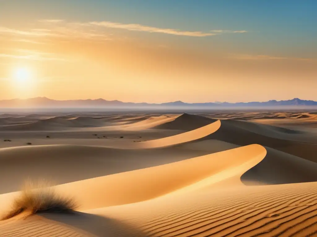 Evolución de plantas desérticas: sobrevivencia en un paisaje de dunas doradas y cielo azul, donde destaca una planta resistente con agua en sus hojas