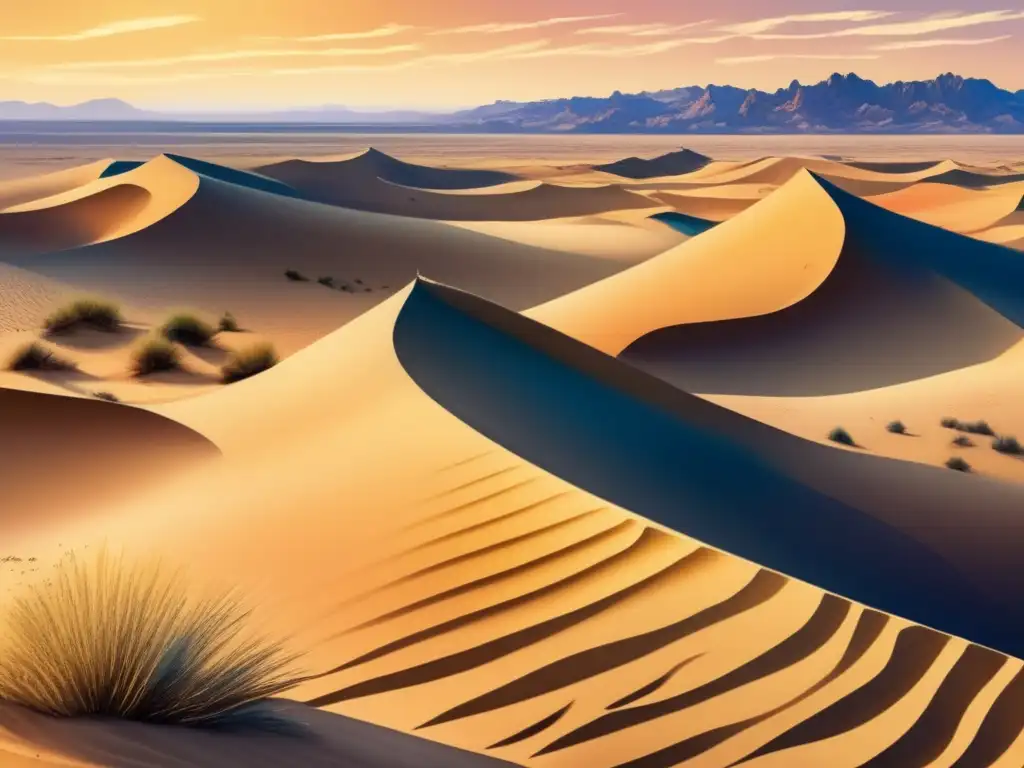 Paisaje vibrante de desierto con dunas de arena, vegetación escasa y cactus, resaltando la importancia de las plantas en desiertos