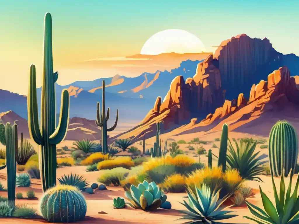 Pintura acuarela de plantas exóticas en desiertos del mundo