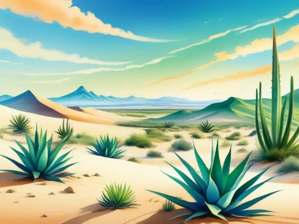 Pintura de aloe vera en paisaje desértico con beneficios medicinales (110 caracteres)