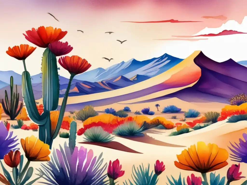 Flores exóticas en el desierto: una ilustración acuarela impresionante que muestra la belleza vibrante y exótica de las flores del desierto