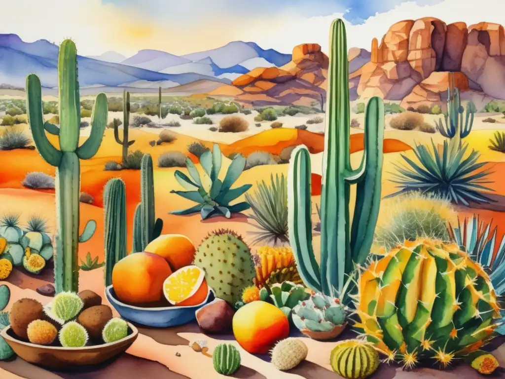 Paisaje de desierto con ingredientes locales: cacti, agave, mesquite y frutas de nopal