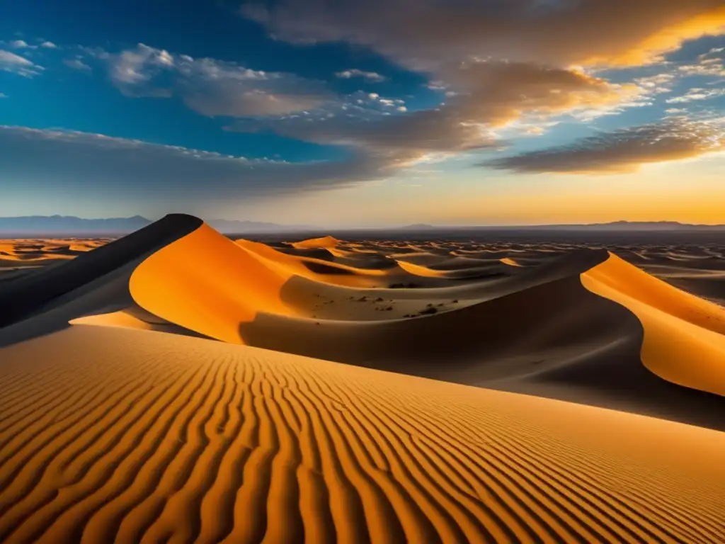 Influencia cambio climático en flora desértica: Vasto paisaje desértico con dunas, colores cálidos y plantas adaptadas a condiciones extremas