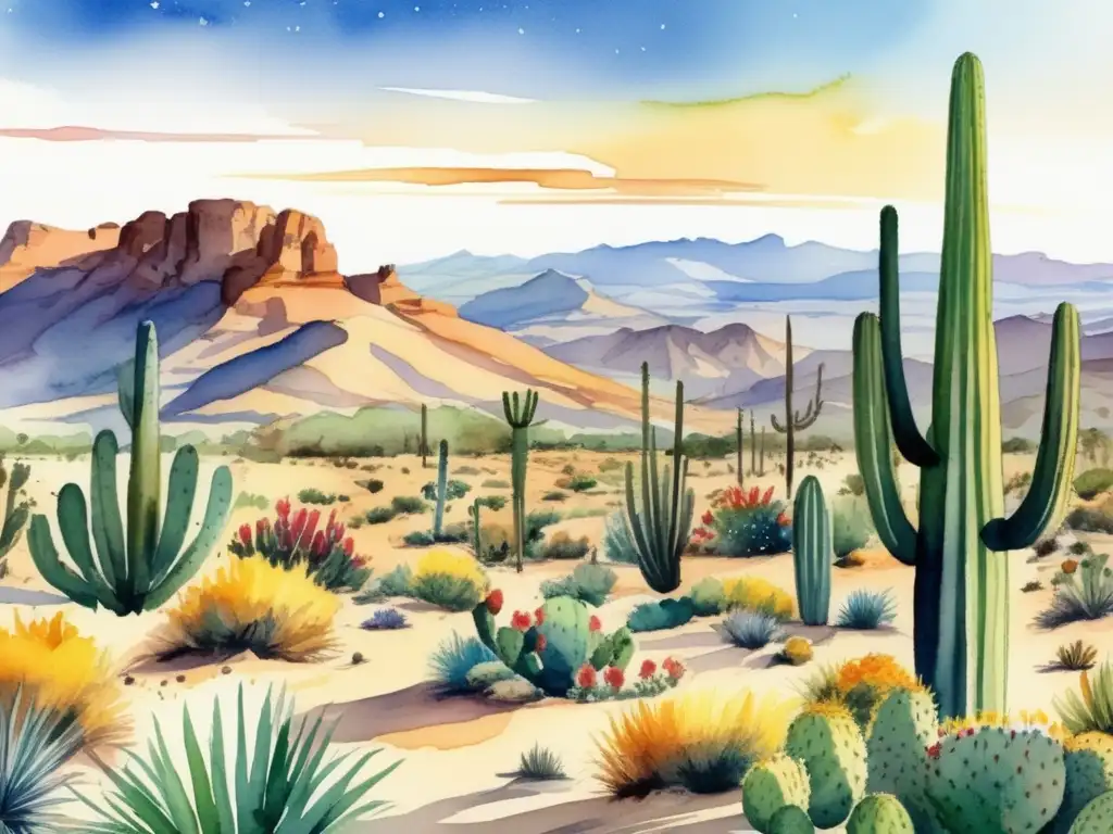 Influencia de las plantas del desierto en la fauna local: paisaje de desierto con cactus, flores y animales