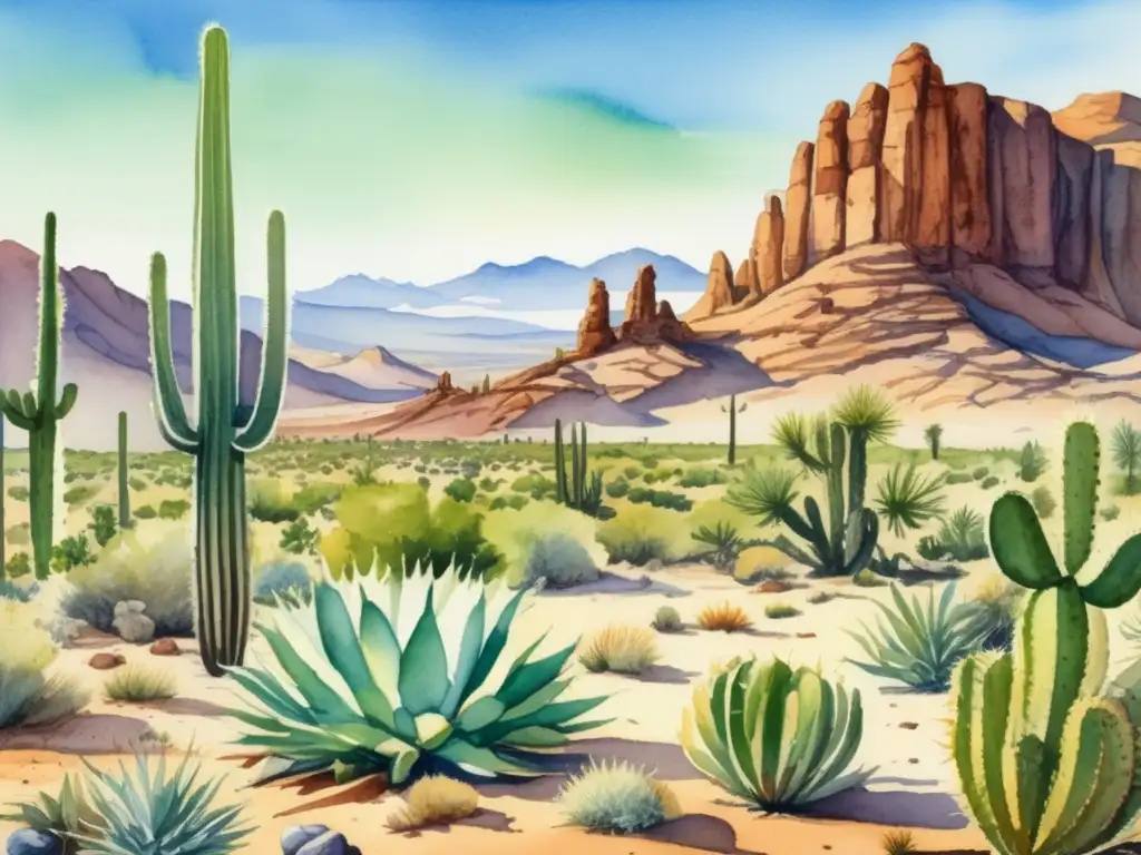 Adaptación plantas desierto condiciones extremas: Detallada acuarela muestra paisaje desértico con plantas adaptadas y colores vibrantes