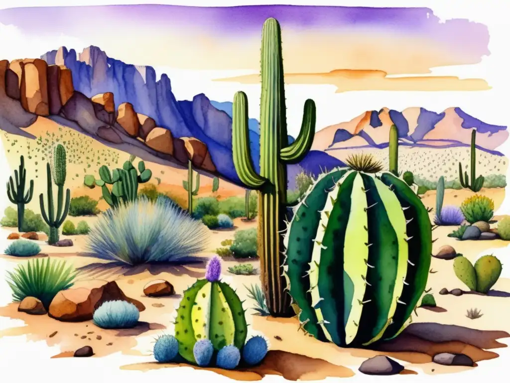 Pintura acuarela detallada de paisaje desierto, cactus Opuntia, campo lavanda, planta Aloe Vera