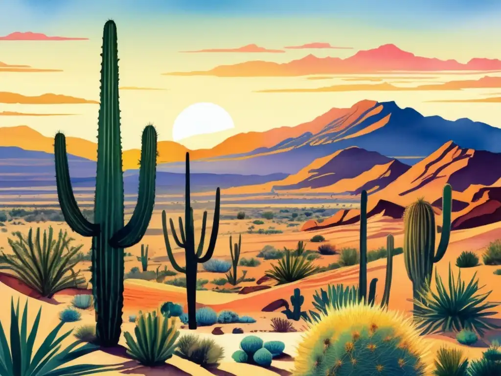 Paisaje desértico con cacti, oasis y plantas ornamentales de clima adecuado