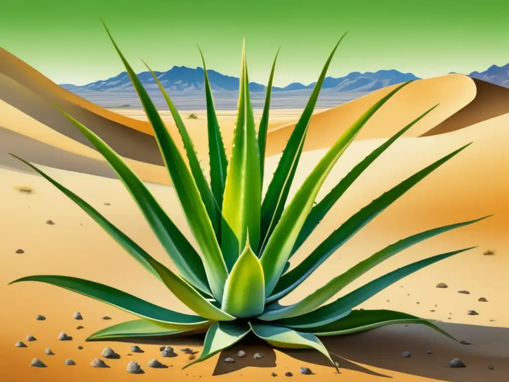 Imagen: Planta de aloe vera en paisaje desértico, beneficios medicinales