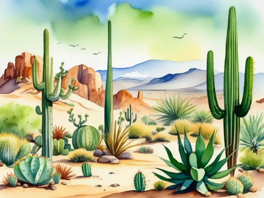 Adaptación de las plantas al clima: paisaje desértico con cactus, suculentas y flores en un cielo azul