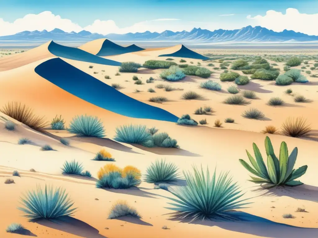 Ilustración acuarela vibrante de paisaje desierto con dunas altas y cielo azul