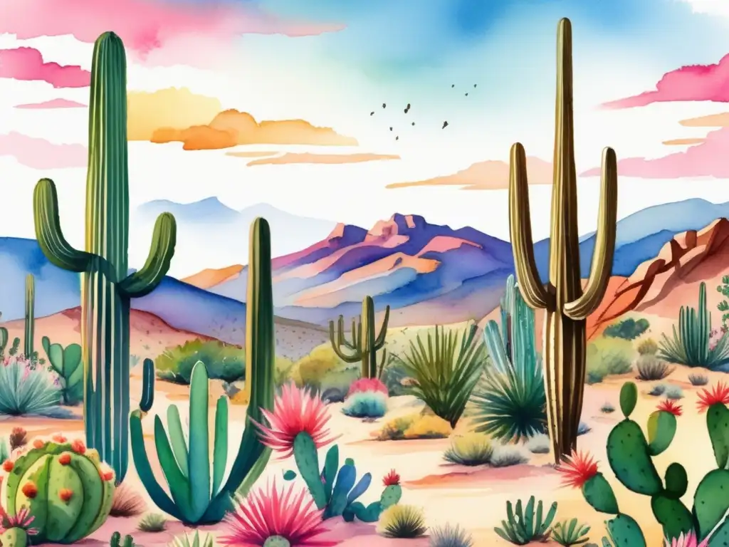 Ilustración acuarela de paisaje desértico con cactus: Importancia cultural de cactus en festividades del desierto